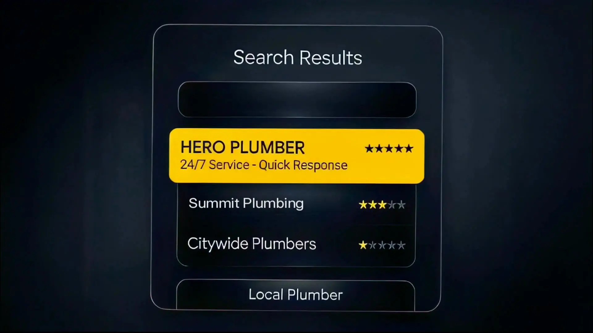 Search results on a phone showing a local plumber highlighted in yellow at the top